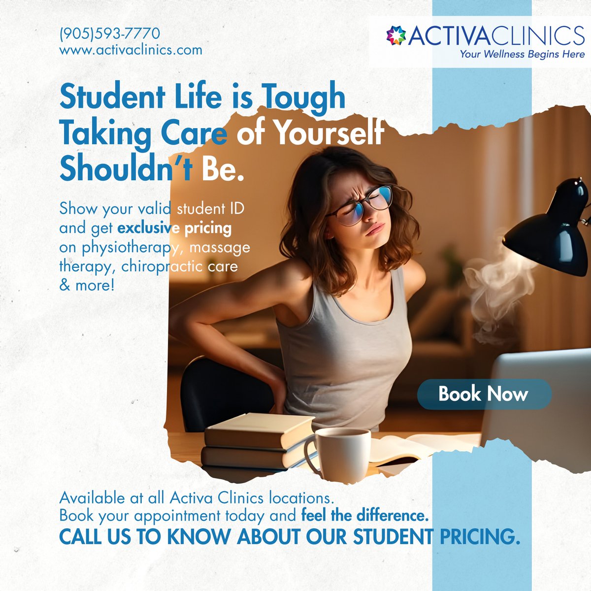 ActivaClinics's tweet image. 🎓 Hey students! We know college life can be stressful (and expensive). That’s why we offer special pricing on all services at Activa Clinics with your student ID.
Take care of your health without the heavy cost 💪
📍 Available at all locations. Book now!
#StudentPricing