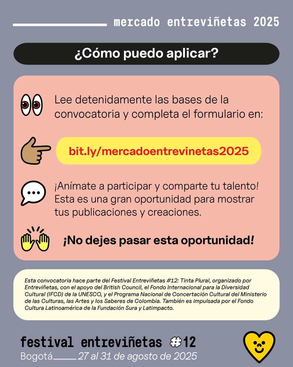 🛍️ ¡Convocatoria abierta al #MercadoEntreviñetas2025!

📍 Bogotá · 29-31 ago · Durante el Festival Entreviñetas #12
📥 Postula hasta el 11 de julio
💸 $150K inscripción · Apoyos de hasta $300K
✍️ Info e inscripciones: bit.ly/mercadoentrevi…

#CómicColombiano #Bogotá
