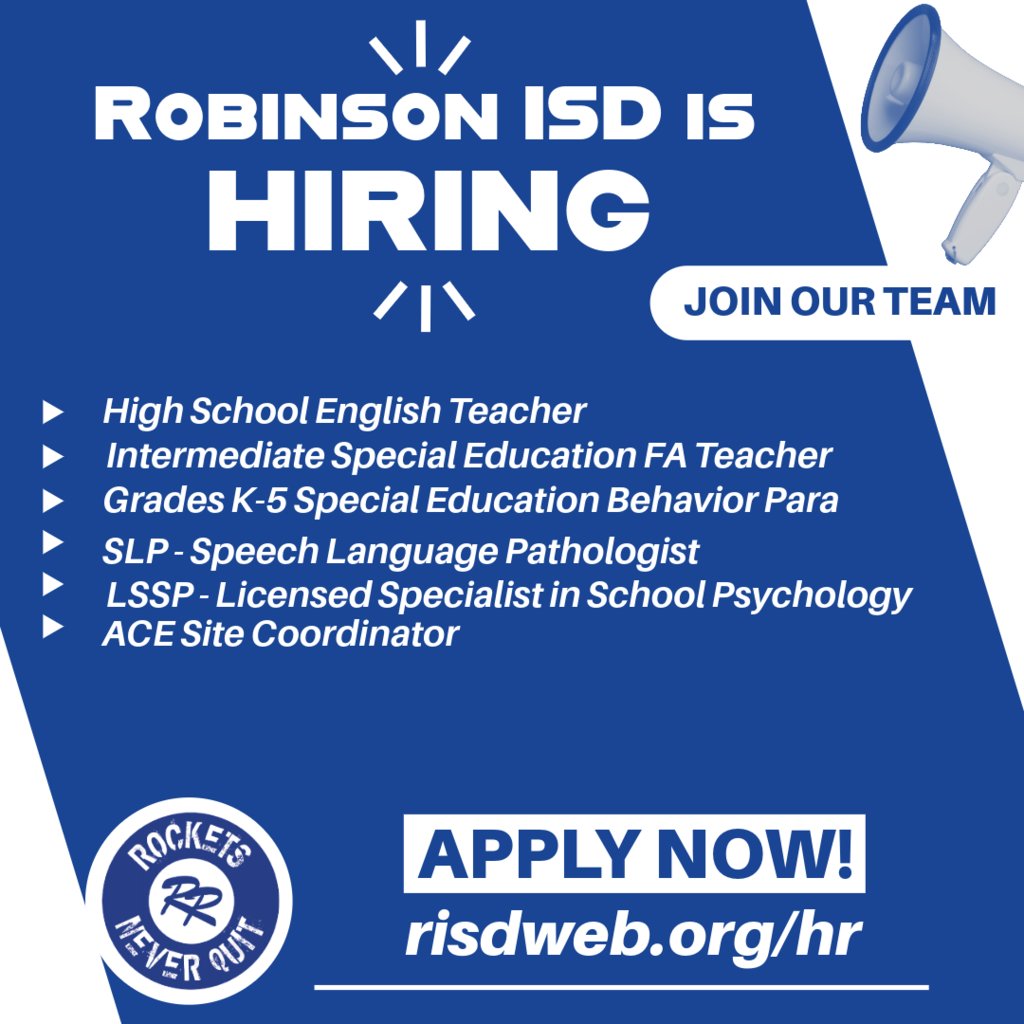 Notice our new job openings at #RobinsonISD — where great people build great futures!   Join RobinsonISD and make a difference! Apply today and be part of something amazing! 🌟