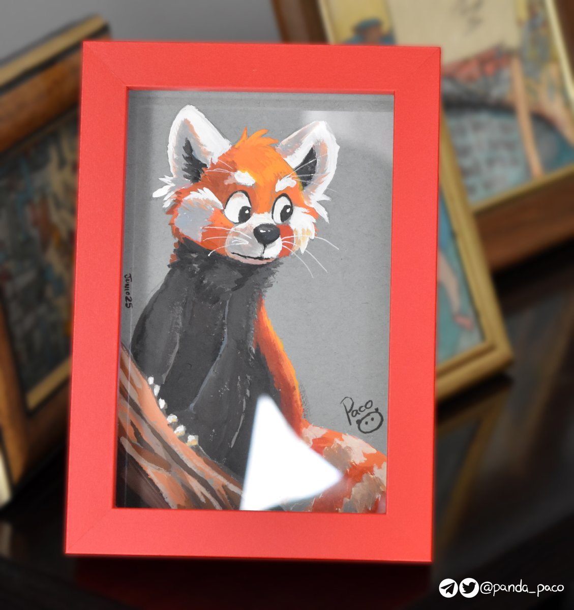 A wah
I don’t even know what he’s looking at, perhaps someone who is giving apples away but not to him, but I liked painting him just like that

Painted with acrylics over a tan toned sheet, made to fit an old frame I had already.
This will also be shown at the Anthrocon Art Show