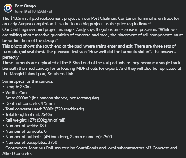 #RailNews: Port Otago has said the rail pad replacement project on the Port Chalmers Container Terminal is on track for an early August completion.
