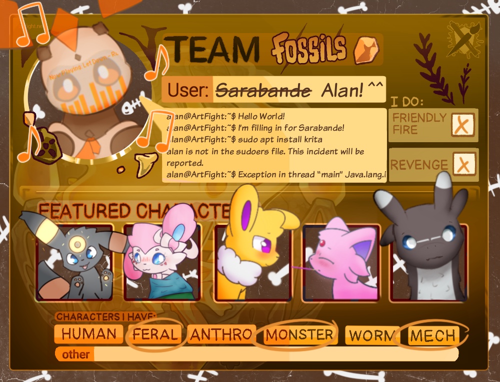 discordable's tweet image. Alan stole my account password, so he'll be doing Art Fight for me! Team Fossils is certainly appropriate, considering he runs Debian.