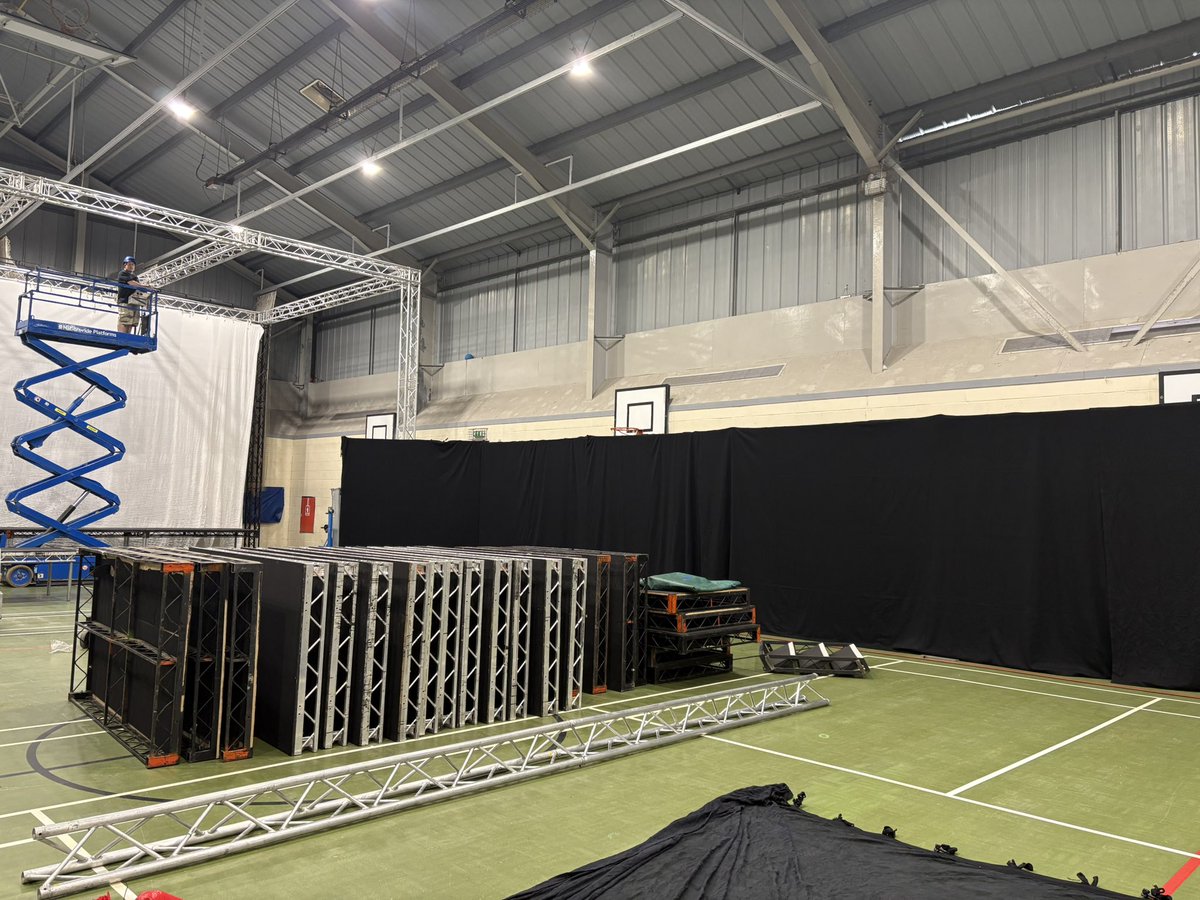 CompPorthcawl's tweet photo. 9 days until opening night and the sports hall is being transformed into a theatre. It is going to be fantastic! Get your tickets here: 
https://t.co/dNQlIkYOUF https://t.co/Y7sMM8St63