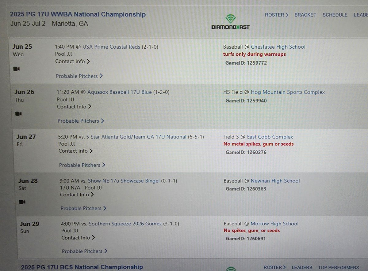 WWBA Schedule this week