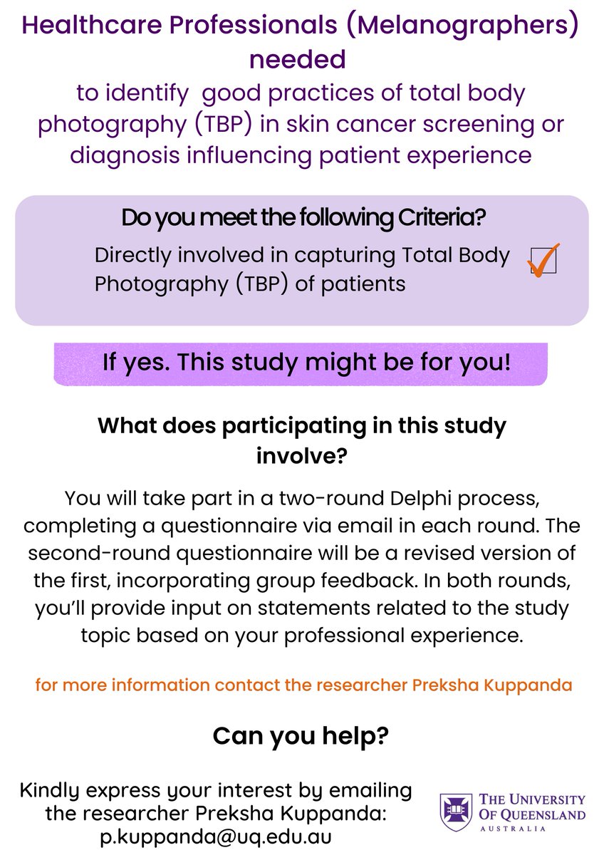 🚨 Wanted: study participants! 

PhD student Preksha Kuppanda is looking for individuals to participate in two of her research studies! 

📩Please register your interest here:

🤖AI acceptability study: forms.office.com/r/MwNMpiMKv9

📸3D-TBP PREM Delphi study:
forms.office.com/r/q7cmSZCGmN