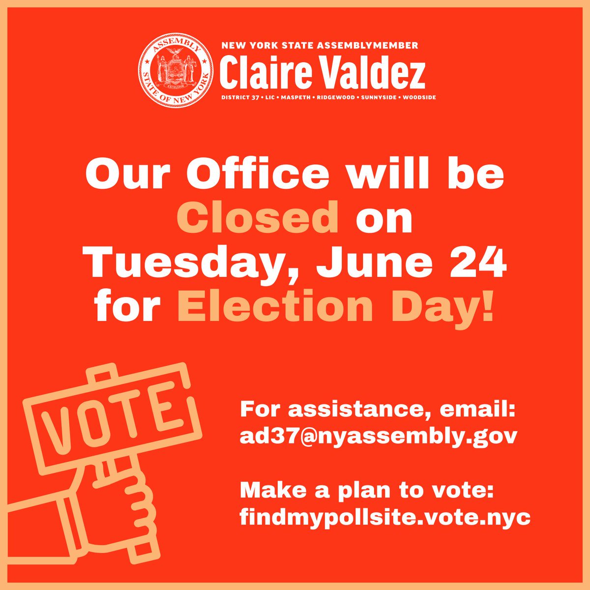 ValdezAssembly's tweet image. Our office will be closed for Election Day, June 24!
Make sure to go vote, volunteer, hydrate + stay safe. We reopen Wed., June 25, at 10 a.m. If you need to reach our office, please leave a message at 718-784-3194 or email ad37@nyassembly.gov.
More: findmypollsite.vote.nyc