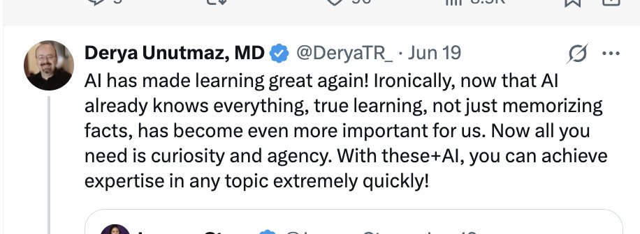 MIT paper was interesting &gt; if LLMs rot your brain or not. 

Great to see <a href="/DeryaTR_/">Derya Unutmaz, MD</a> <a href="/IterIntellectus/">vittorio</a> <a href="/emollick/">Ethan Mollick</a> clarify misleading headlines.

AI can certainly make people lazy. AI can also transform education. Seeing it in data from Sizzle AI. AI learning is already happening.