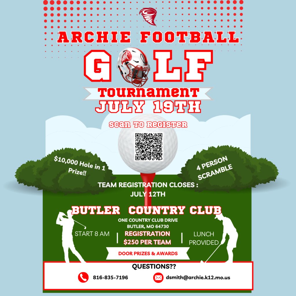 Archie R-V School District (@archie62237) on Twitter photo We are less than a month away from the HS Football Golf Tournament! We only have a few spots left! Secure your spot in our tournament. Email coach smith (dsmith@archie.k12.mo.us) or scan the QR code to enter your team! We are less than a month away from the HS Football Golf Tournament! We only have a few spots left! Secure your spot in our tournament. Email coach smith (dsmith@archie.k12.mo.us) or scan the QR code to enter your team!
