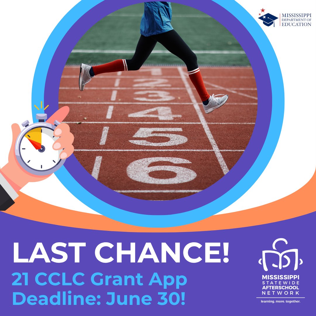 MSAfterschool's tweet photo. FINAL REMINDER! 🚨 21st CCLC Grant proposals due MONDAY, June 30, 2 PM!

Last chance to secure federal funding for MS afterschool. SUBMIT NOW!

🔗 https://t.co/pxAvmcwH7E

#21stCCLC #Afterschool #Grants #Funding #Mississippi #MSAN https://t.co/b4iW07J8CN