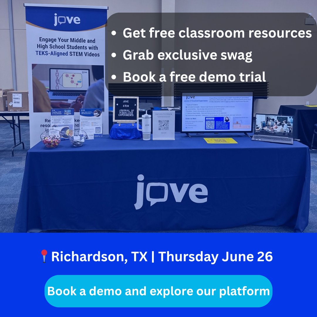 jove_k12's tweet image. 🎉 Texas educators — see you at #Region10 STEM-GT Institute!

📍 June 26 | Richardson, TX
Visit JoVE’s booth for swag &amp;amp; NGSS-aligned STEM videos.

🔗share.hsforms.com/1FyaUdqz3T3yuF…

-
-
#JoVEK12 #STEMTeaching #TexasEd