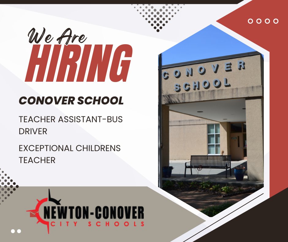 Newton-Conover City Schools has openings at Conover School. Apply today:
EC Teacher: newtonconover.schoolspring.com/?jobid=5251483
Teacher Assistant-Bus Driver: newtonconover.schoolspring.com/?jobid=5251489