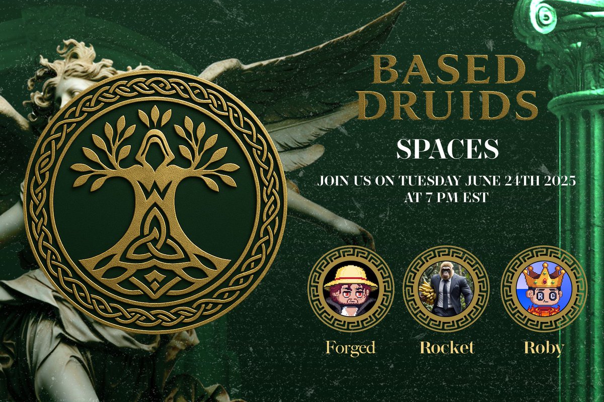 Based Druids (@baseddruids) on Twitter photo ๐ข Based Druids Eps. 04
Weโre bringing some of the best voices from the Base ecosystem:
๐๏ธ <a href="/forgedonbase/">Forged</a>
๐๏ธ <a href="/ApeStoreRocket/">ApeStoreRocket</a>
๐๏ธ <a href="/RobyCalls/">Roby Calls</a>
Expect alpha, unfiltered insights, and talks you wonโt hear anywhere else.
Curious? Join us LIVE โ x.com/i/spaces/1gqxvโฆ ๐ข Based Druids Eps. 04
Weโre bringing some of the best voices from the Base ecosystem:
๐๏ธ <a href="/forgedonbase/">Forged</a>
๐๏ธ <a href="/ApeStoreRocket/">ApeStoreRocket</a>
๐๏ธ <a href="/RobyCalls/">Roby Calls</a>
Expect alpha, unfiltered insights, and talks you wonโt hear anywhere else.
Curious? Join us LIVE โ x.com/i/spaces/1gqxvโฆ