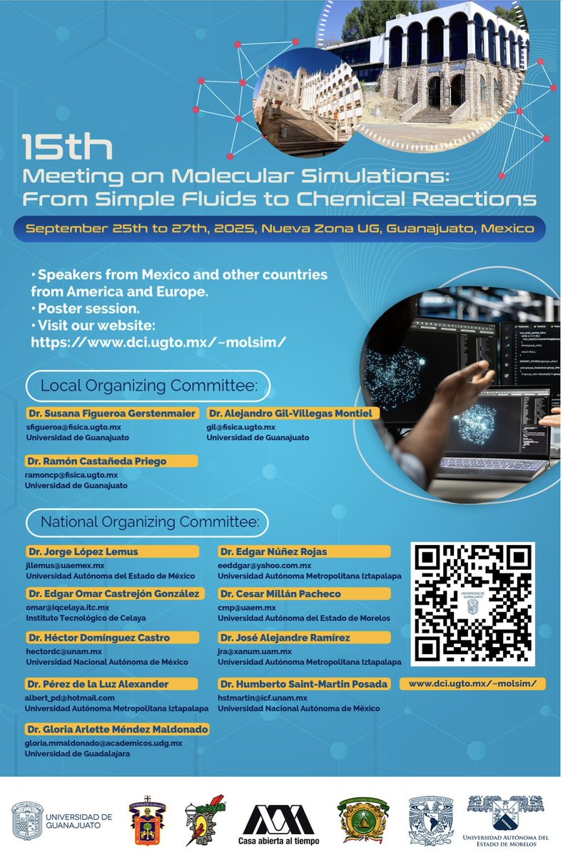 📒📒📗📗Alumn@s, Profesor@s, Investigador@s: No se pierdan la 15th Meeting on Molecular Simulations: from Simple Fluids to Chemical Reactions. Del 25 al 27 de septiembre de 2025.  
Más información en: dci.ugto.mx/~molsim/