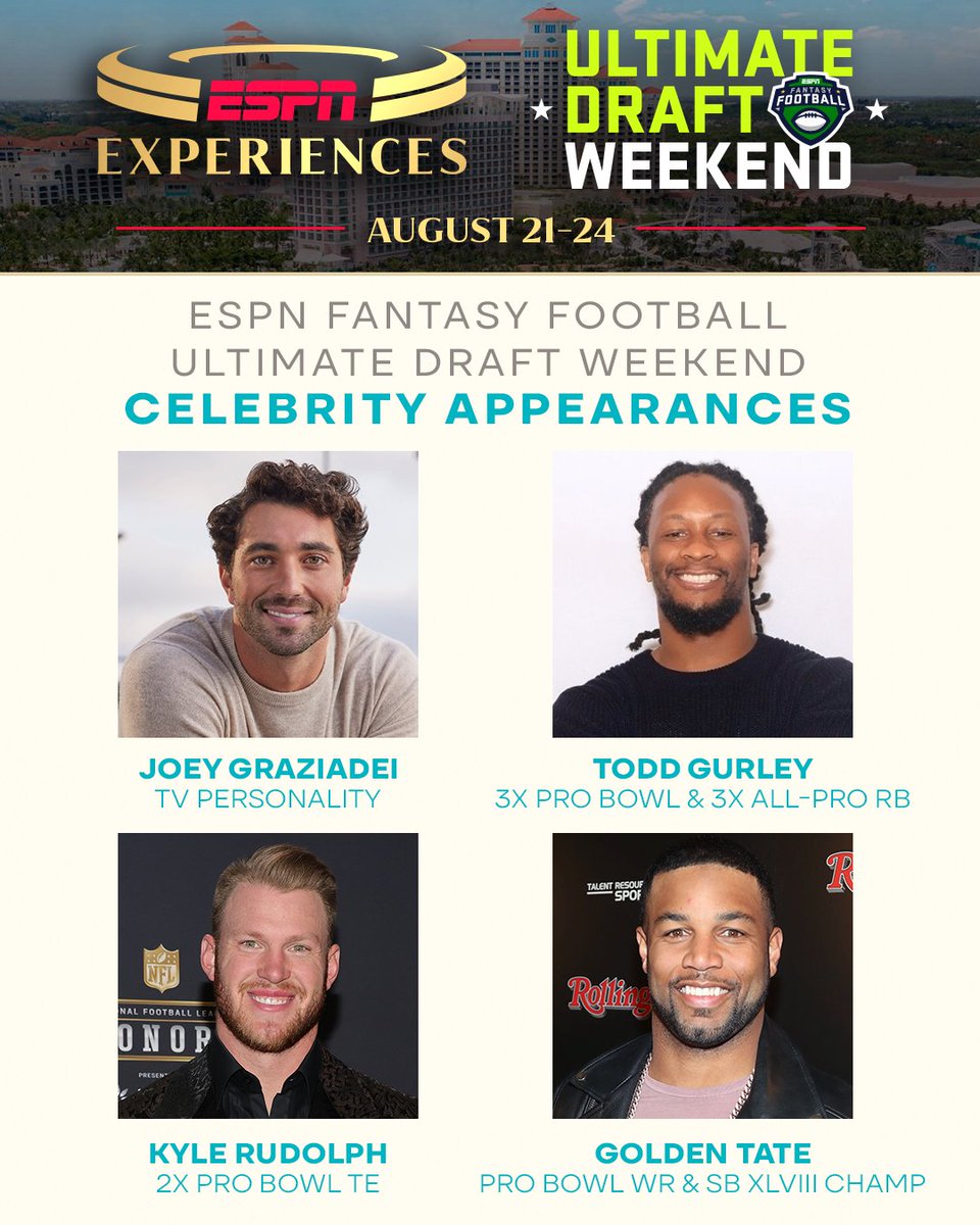 ESPN's Fantasy Football Ultimate Draft Weekend is star-studded 🤩 

Former NFL stars Todd Gurley, Kyle Rudolph and Golden Tate join The Bachelor's Joey Graziadei for the Ultimate Draft Weekend at Baha Mar 👏 

Head to spr.ly/60154bTMD to secure your spot!
