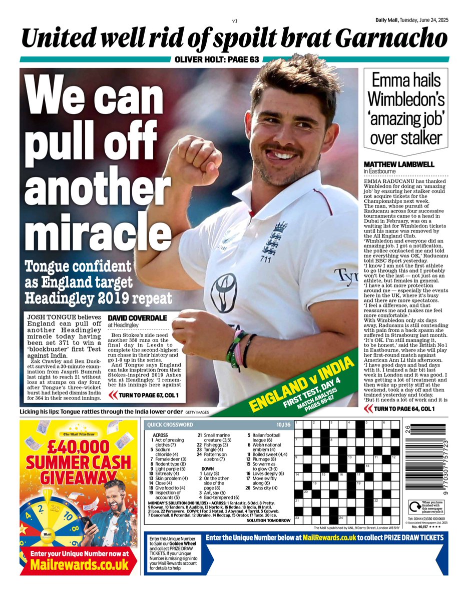 Tuesday's DAILY MAIL SPORT: We can pull off another miracle
#TomorrowsPapersToday