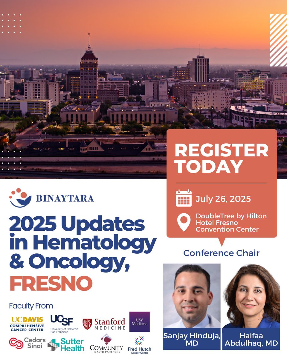 Binaytara (@binaytara) on Twitter photo The CME-accredited 2025 Updates in Hematology and Oncology Conference is coming to #Fresno! Join Dr. Sanjay Hinduja (<a href="/UCSFFresno/">UCSF Fresno</a>), <a href="/AbdulhaqHaifaa/">Haifaa Abdulhaq</a> and other leading experts to review recent breakthroughs in #hematology and #oncology. Register today: education.binaytara.org/content/2025-u… The CME-accredited 2025 Updates in Hematology and Oncology Conference is coming to #Fresno! Join Dr. Sanjay Hinduja (<a href="/UCSFFresno/">UCSF Fresno</a>), <a href="/AbdulhaqHaifaa/">Haifaa Abdulhaq</a> and other leading experts to review recent breakthroughs in #hematology and #oncology. Register today: education.binaytara.org/content/2025-u…