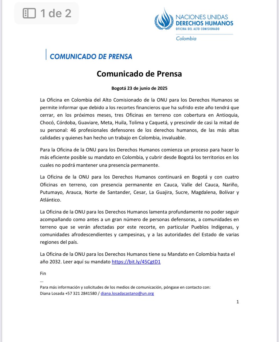 ÚltimaHoraCaracol (@ultimahoracr) on Twitter photo La ONU (<a href="/ONUHumanRights/">ONU Derechos Humanos Colombia</a>) anuncia que cerrará 3 oficinas en Colombia por recortes financieros y reducirá casi la mitad de su personal.
Informan que ya no tendrán presencia en Antioquia, Meta, Tolima, Huila, Chocó y Caquetá.
Por el momento, mantienen sus sedes en Cauca, Nariño, La ONU (<a href="/ONUHumanRights/">ONU Derechos Humanos Colombia</a>) anuncia que cerrará 3 oficinas en Colombia por recortes financieros y reducirá casi la mitad de su personal.
Informan que ya no tendrán presencia en Antioquia, Meta, Tolima, Huila, Chocó y Caquetá.
Por el momento, mantienen sus sedes en Cauca, Nariño,