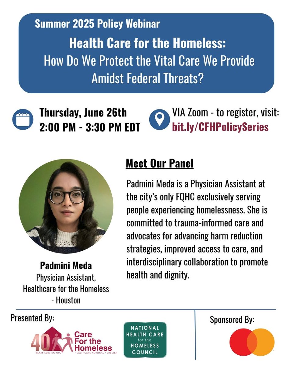 CFHNYC's tweet image. On June 26, join us for an important webinar on protecting Health Care for the Homeless programs.
Panelist Padmini “Paddy” Meda, at HCH Houston, brings her frontline experience providing primary care to the conversation.
Register Today! bit.ly/CFHPolicySeries
#ProtectHCH