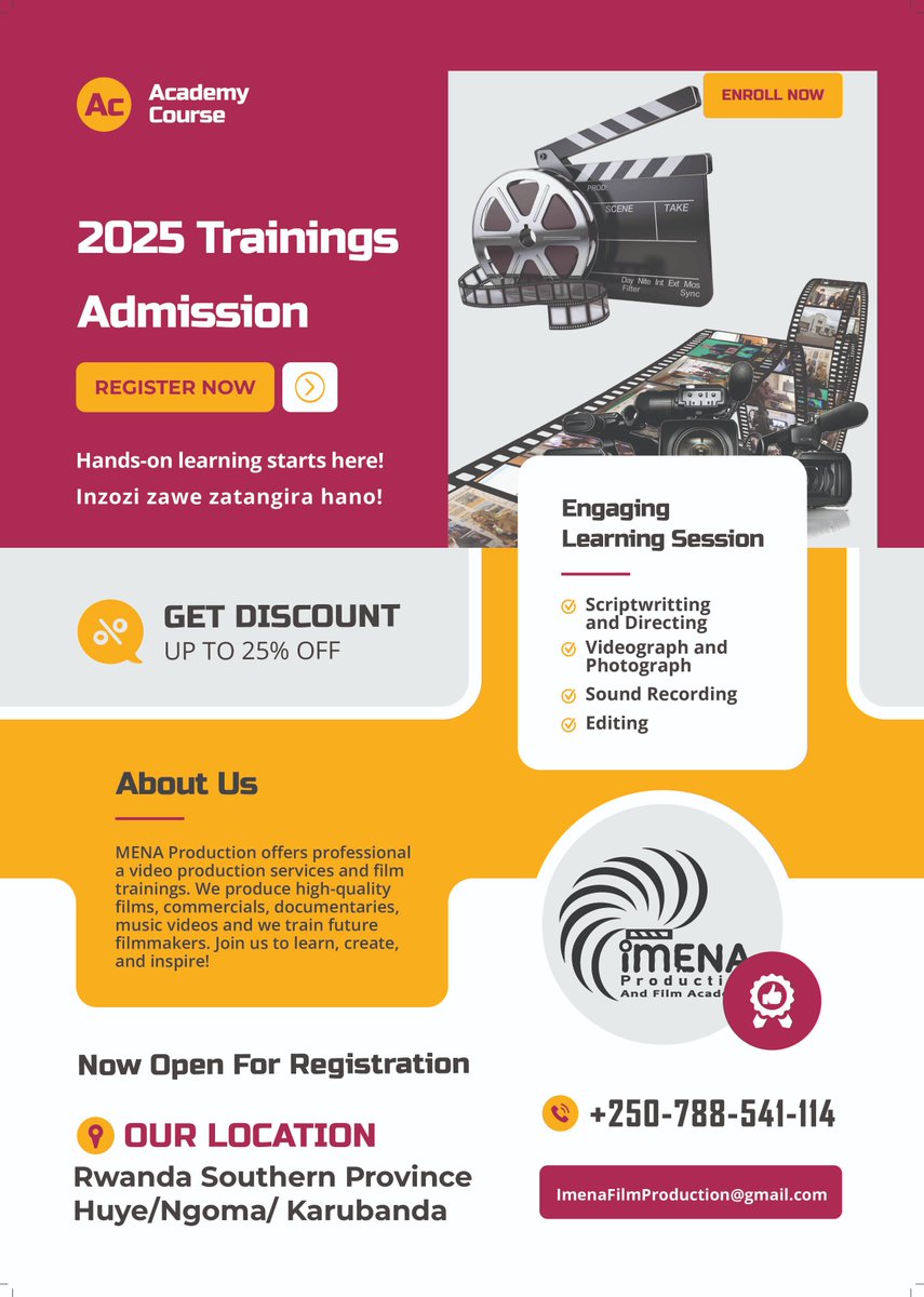 🎬 Ready to turn your passion into a profession?
Join our next training program at Imena Production &amp; Film Academy and start your journey in filmmaking, editing, and sound recording.
🔥 Limited slots available Register Now!
#FilmTraining #CreativeYouth #RwandaCinema #RegisterNow