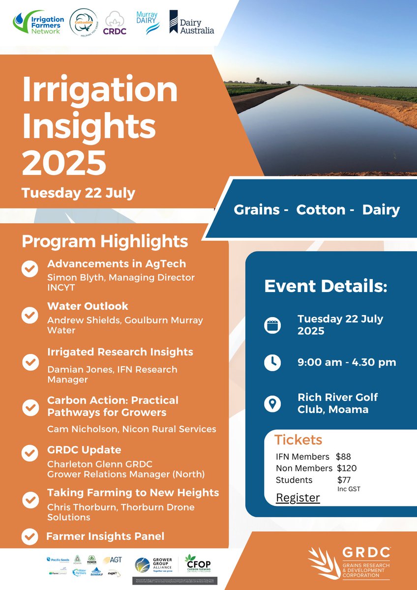 Irrigation Insights is only 4 weeks away!  Have you booked your ticket?
More info and register
irrigationfn.com.au/events/ifn/irr…

<a href="/theGRDC/">GRDC</a> <a href="/MurrayDairy/">Murray Dairy</a> <a href="/CottonInfoAust/">CottonInfo</a>