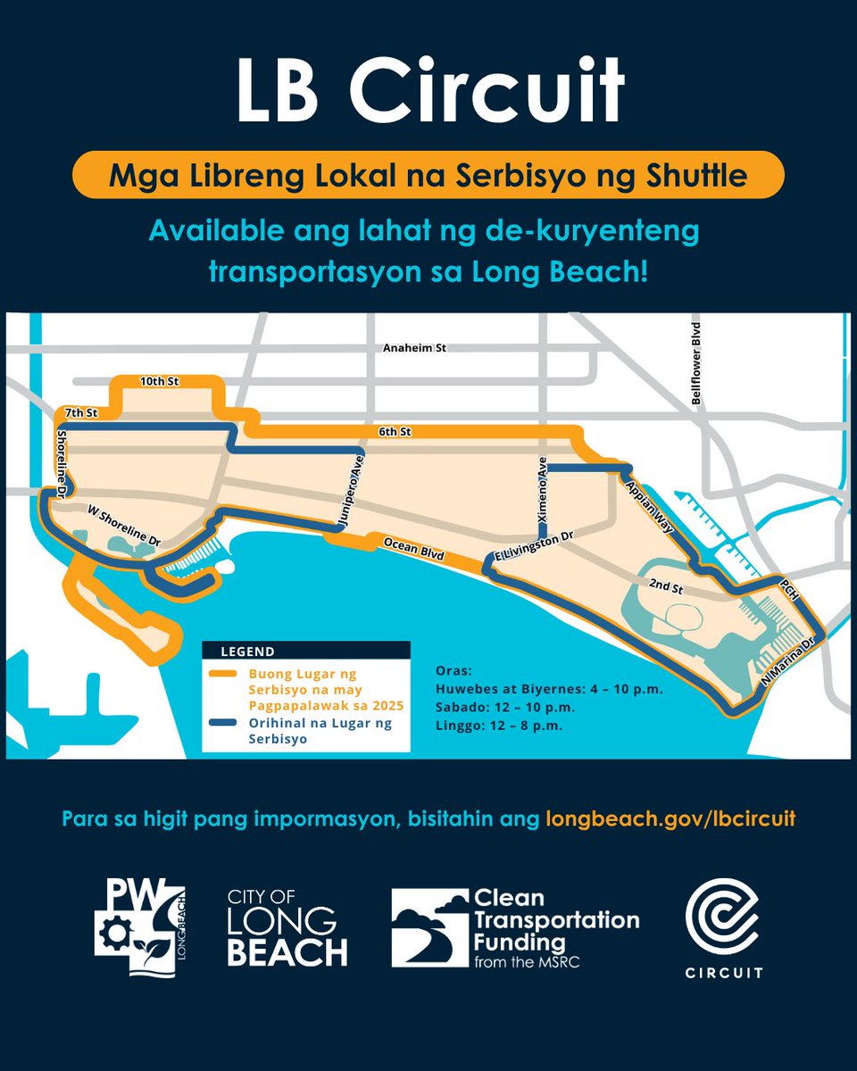 LBPublicWorks's tweet photo. The 🚐 LB Circuit is expanding its free, electric shuttle service!

What's New: 🧵⬇️

What's New:
🌊Expanded Coverage: Now connecting Downtown to Alamitos Bay Marina, including Bluff Park, Alamitos Beach, Belmont Heights, and the Queen Mary area. https://t.co/FyllA7vbe6