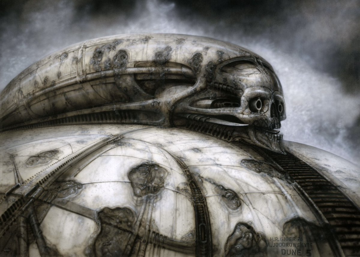 HeavyMetalInk's tweet photo. H.R. Giger’s Concept Art for Jodorowsky’s Dune (1975) is a haunting glimpse into a sci-fi epic that never was 💀

Commissioned to design the planet Giedi Prime and the Harkonnen world, Giger infused his signature biomechanical style into spacecraft, architecture, and creatures. ⚙️
The twisted, surreal forms embodied the dark, oppressive spirit of House Harkonnen — long before Alien made him a household name. Though the film was never made, Giger’s work on Dune shaped the future of sci-fi aesthetics forever. 📖👁️

Decades later, Ridley Scott revisited some of Giger’s unused Dune concepts while developing Prometheus (2012), bringing the eerie fusion of flesh and machine back to the big screen — proving that visionary art never truly dies. 🚀🖤