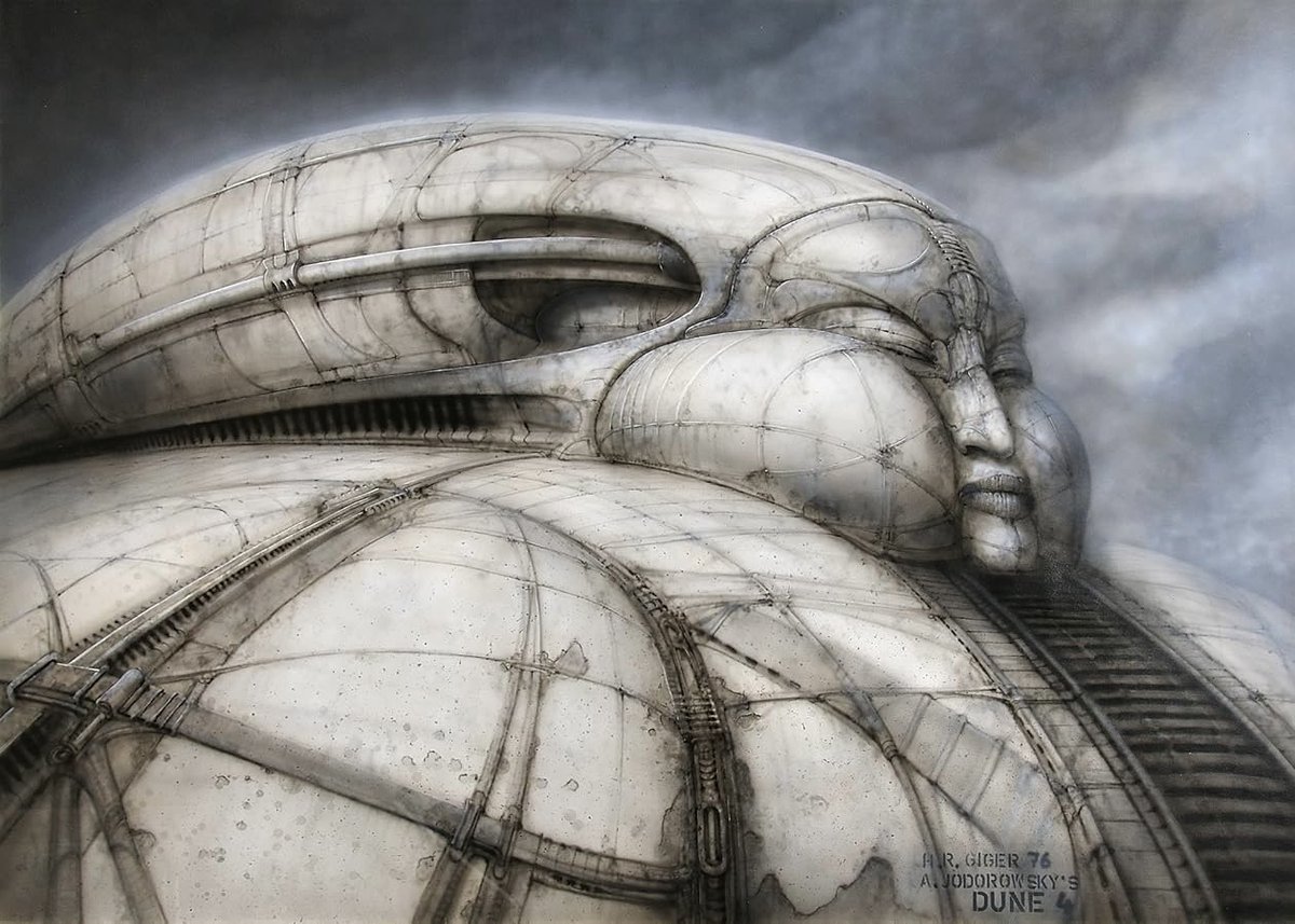 HeavyMetalInk's tweet photo. H.R. Giger’s Concept Art for Jodorowsky’s Dune (1975) is a haunting glimpse into a sci-fi epic that never was 💀

Commissioned to design the planet Giedi Prime and the Harkonnen world, Giger infused his signature biomechanical style into spacecraft, architecture, and creatures. ⚙️
The twisted, surreal forms embodied the dark, oppressive spirit of House Harkonnen — long before Alien made him a household name. Though the film was never made, Giger’s work on Dune shaped the future of sci-fi aesthetics forever. 📖👁️

Decades later, Ridley Scott revisited some of Giger’s unused Dune concepts while developing Prometheus (2012), bringing the eerie fusion of flesh and machine back to the big screen — proving that visionary art never truly dies. 🚀🖤