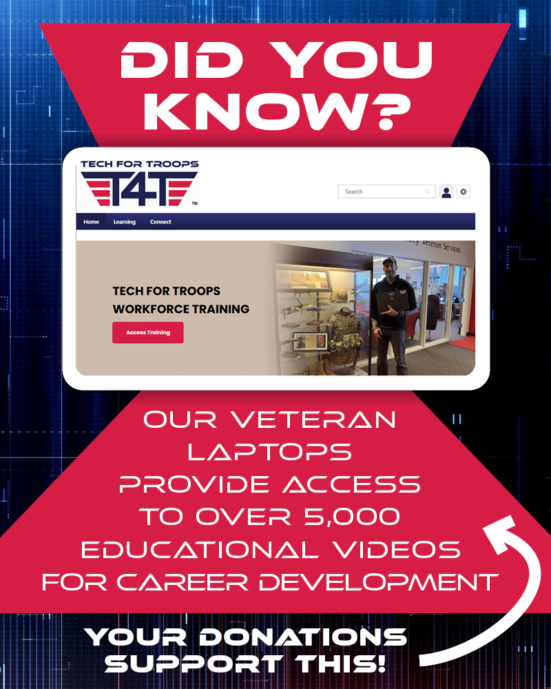 DYK? Every free Veteran laptop from Tech For Troops includes 5,000+ online courses—AI, Business Analytics &amp; Windows 11. A $250 donation gives a Vet the tools to learn and grow.

Donate: techfortroops.org/support/donate/

#TechForTroops #VeteranSupport #DonateToday
