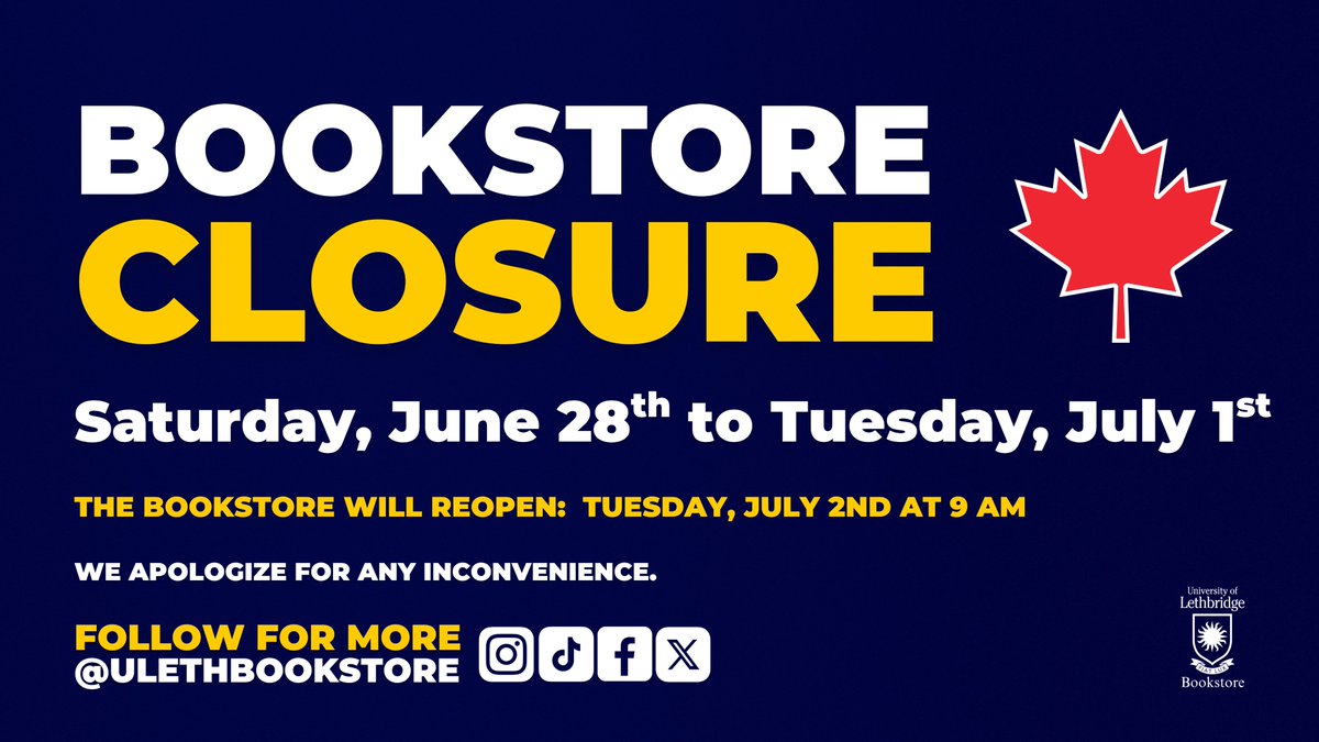 📢 Notice: The Bookstore will be closed from Saturday, June 28 to Tuesday, July 1 for the Canada Day long weekend! 🍁

🛍️ During this time, orders won’t be processed &amp; pickups will be unavailable.

📆 Reopening on Wednesday, July 2 at 9 am.

We wish you all a Happy Canada Day! 🇨🇦