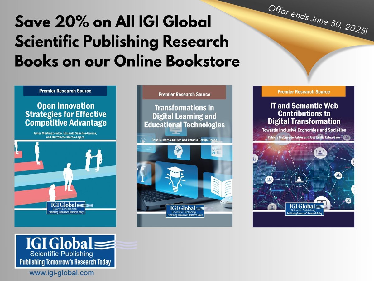 igiglobal's tweet image. Take advantage of our exclusive discount before it’s gone! Save 20% on all IGI Global Scientific Publishing books and e-books on our Online Bookstore &amp;amp; GOBI Library Solutions. Offer valid through June 30, 2025. Access our Online Bookstore: buff.ly/WWqiTc9  
#LibraryBudget