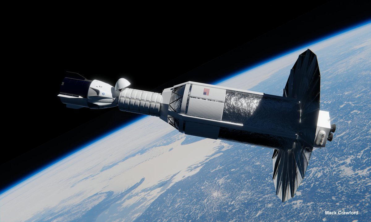 brickmack's tweet image. Crew Dragon transfers passengers to a Cygnus-derived transit habitat on Cislunar Transporter, to be delivered to a waiting lander in lunar orbit
