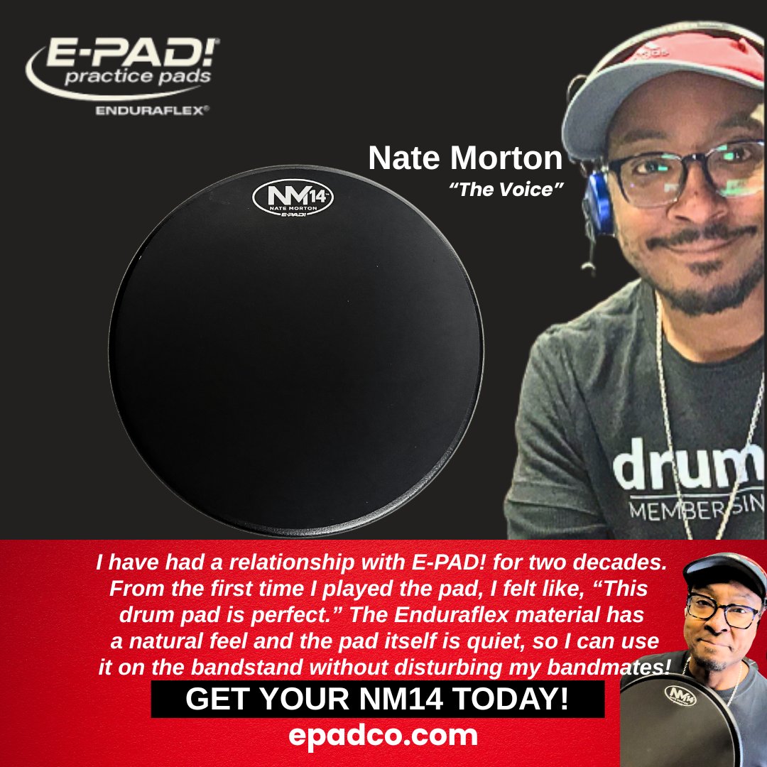 Epadpro's tweet photo. Nate Morton drummer for "The Voice" and his New NM14 Signature E-PAD! It's a great pad that has Enduraflex side and a brush side and it's 14 inches. Fits in your snare drum and it's got a feel that you won't believe! Check it out > https://t.co/A3kxK2C8Wx https://t.co/DkZMRfh1tF
