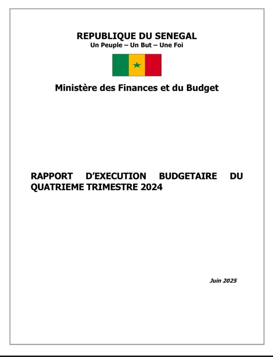 📌Résumé Du Rapport d’Exécution Budgétaire du 4e trimestre 2024 du Sénégal :

📊 1. Situation globale du budget
•Recettes totales (y compris dons) : 4 005,21 milliards FCFA, soit 103,91 % des prévisions.
•Dépenses totales : 6 506,16 milliards FCFA, soit 103,71 % des crédits