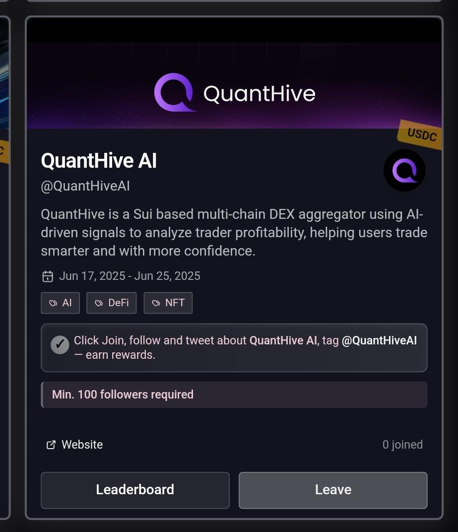 jibrinhabi7158's tweet image. 💡What if your DEX could think?
@QuantHiveAI uses AI to read the market, track top traders &amp;amp; optimize your moves.

Now part of the @GiveRep Loyalty Program.
Smarter trades start here.

#QuantHiveAI #GiveRep #AITrading #DeFi