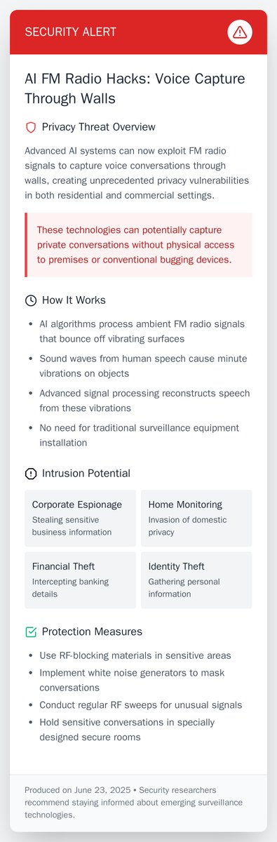 KevinTechCritic's tweet image. AI tools like FM hacks signal privacy risks. Criminals can capture voices through walls. As tech advances, are we ready for AI's impact? #AISpyHack #PrivacyRisks