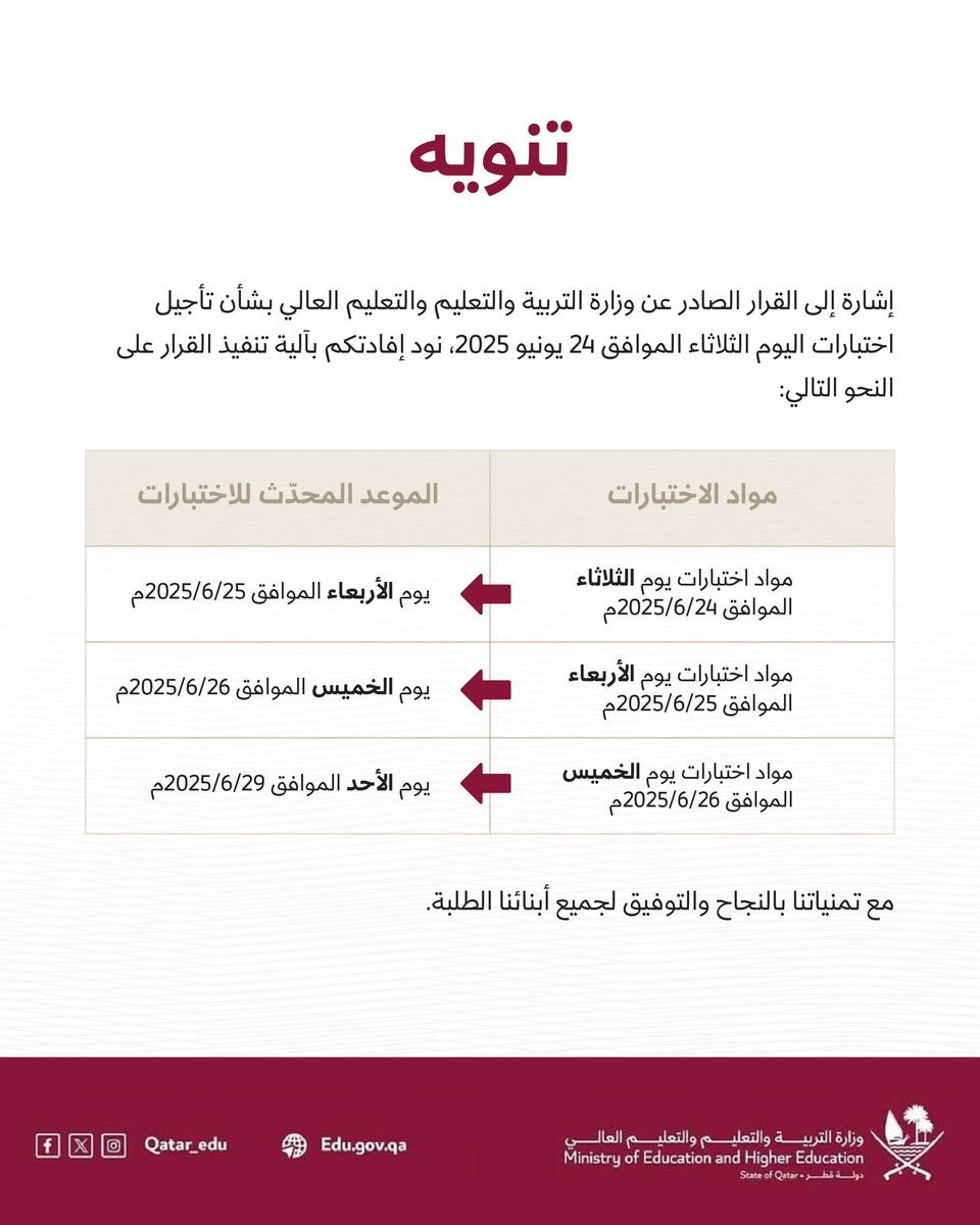 مرسال قطر (@marsalqatar) on Twitter photo 📚| إشارة إلى القرار الصادر بشأن تأجيل اختبارات اليوم الثلاثاء 24 يونيو 2025
وزارة التربية والتعليم والتعليم العالي تعلن عن ترحيل الاختبارات على النحو التالي 👇🏻
<a href="/Qatar_Edu/">وزارة التربية والتعليم والتعليم العالي</a> | #مرسال_قطر | #قطر 🇶🇦 📚| إشارة إلى القرار الصادر بشأن تأجيل اختبارات اليوم الثلاثاء 24 يونيو 2025
وزارة التربية والتعليم والتعليم العالي تعلن عن ترحيل الاختبارات على النحو التالي 👇🏻
<a href="/Qatar_Edu/">وزارة التربية والتعليم والتعليم العالي</a> | #مرسال_قطر | #قطر 🇶🇦