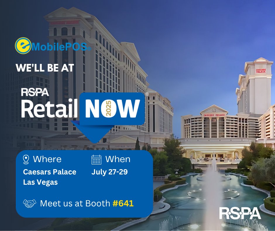 We’re headed to #RetailNOW2025! 🚀
📍 Caesars Palace, Las Vegas
📅 July 27–29
Come see us at Booth #641 and discover how eMobilePOS is transforming retail tech.
#eMobilePOS #POSsolutions #RSPA #RetailTech