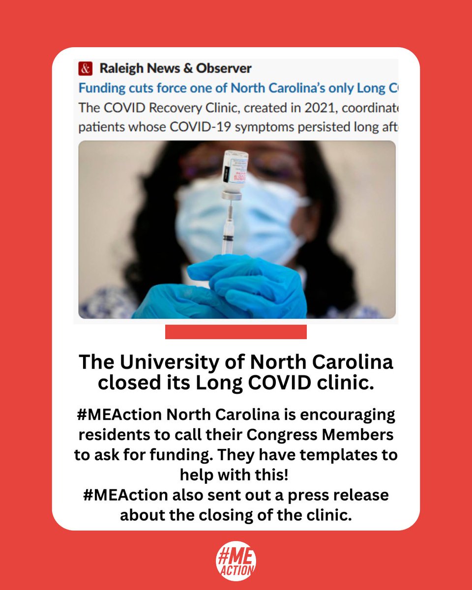 MEActNet's tweet image. UNC closed its Long COVID clinic last week after its federal funding ran out. It was the sole #LongCovid clinic in North Carolina. 
The clinic has been a lifeline to thousands of people living with Long COVID, ME/CFS and POTS since it opened in 2021.