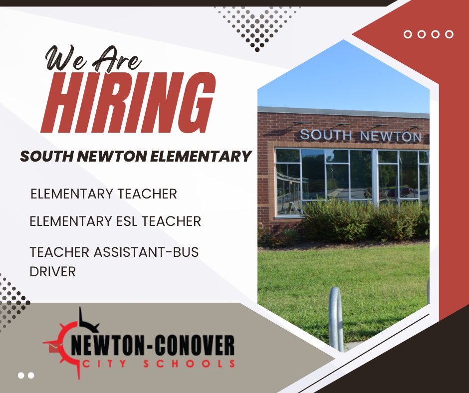 Elementary Teacher: Apply here newtonconover.schoolspring.com/?jobid=5238942
Elementary ESL Teacher: Apply here newtonconover.schoolspring.com/?jobid=5182094
Teacher Assistant-Bus Driver: Apply here newtonconover.schoolspring.com/?jobid=5031323