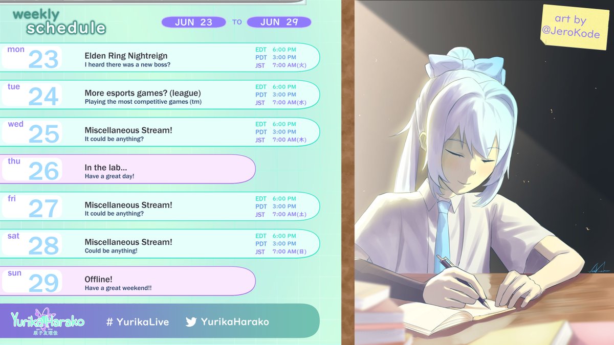 yurikaharako's tweet photo. Weekly Schedule! Jun 23 - Jun 29
It's so hot outside!!!!!
General: #YurikaHarako
Community: #Elixirlings
Live: #YurikaLive
Art: #Alchedoodle
π€‘: #Alchememes
π·: #LetYurikaCook
Clip: #YurikaMoment https://t.co/CvxiNkIWmQ