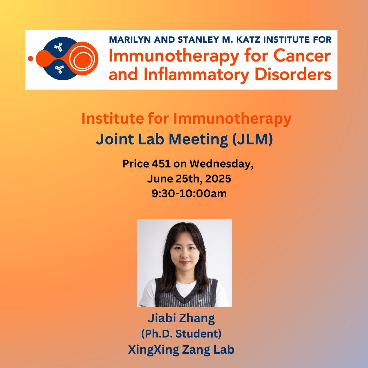 Katz Institute for Immunotherapy (@ifi_einstein) on Twitter photo IFI-JLM Scientific Session!!
📅 Date: June 25th
📷 Featured Topics: #Immunecheckpoints #SolidCancer
🎤 Key Presenter: Jiabi Zhang (<a href="/Miazhang0116/">Jiabi Zhang</a>) from <a href="/xingxing_zang/">XingXing Zang</a> Lab!!
<a href="/EinsteinPhD/">EinsteinPhD</a>
<a href="/ae_cancercenter/">ME Cancer Center</a>
<a href="/EinsteinMSTP/">EinsteinMSTP</a>
<a href="/EinsteinMed/">Albert Einstein College of Medicine - Official</a>
<a href="/MontefioreNYC/">Montefiore Health System</a> IFI-JLM Scientific Session!!
📅 Date: June 25th
📷 Featured Topics: #Immunecheckpoints #SolidCancer
🎤 Key Presenter: Jiabi Zhang (<a href="/Miazhang0116/">Jiabi Zhang</a>) from <a href="/xingxing_zang/">XingXing Zang</a> Lab!!
<a href="/EinsteinPhD/">EinsteinPhD</a>
<a href="/ae_cancercenter/">ME Cancer Center</a>
<a href="/EinsteinMSTP/">EinsteinMSTP</a>
<a href="/EinsteinMed/">Albert Einstein College of Medicine - Official</a>
<a href="/MontefioreNYC/">Montefiore Health System</a>
