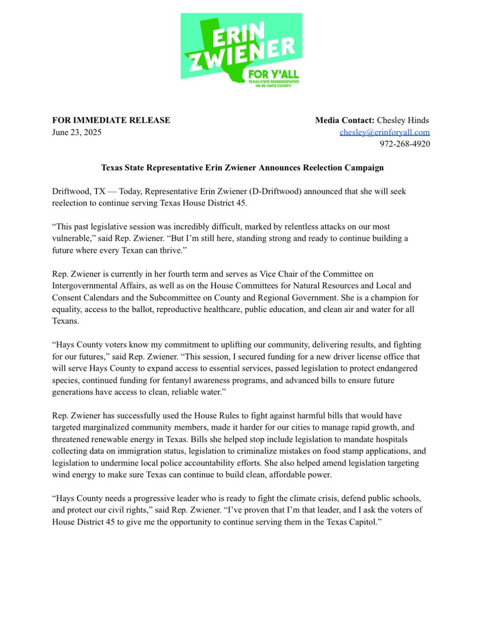 ErinForYall's tweet image. Hey y’all! I'm excited to announce that I'm running for reelection in House District 45.
Help me stay in the Texas Capitol and continue to fight the climate crisis, defend public schools, and protect our civil rights. Give here today: actblue.com/donate/reelect….