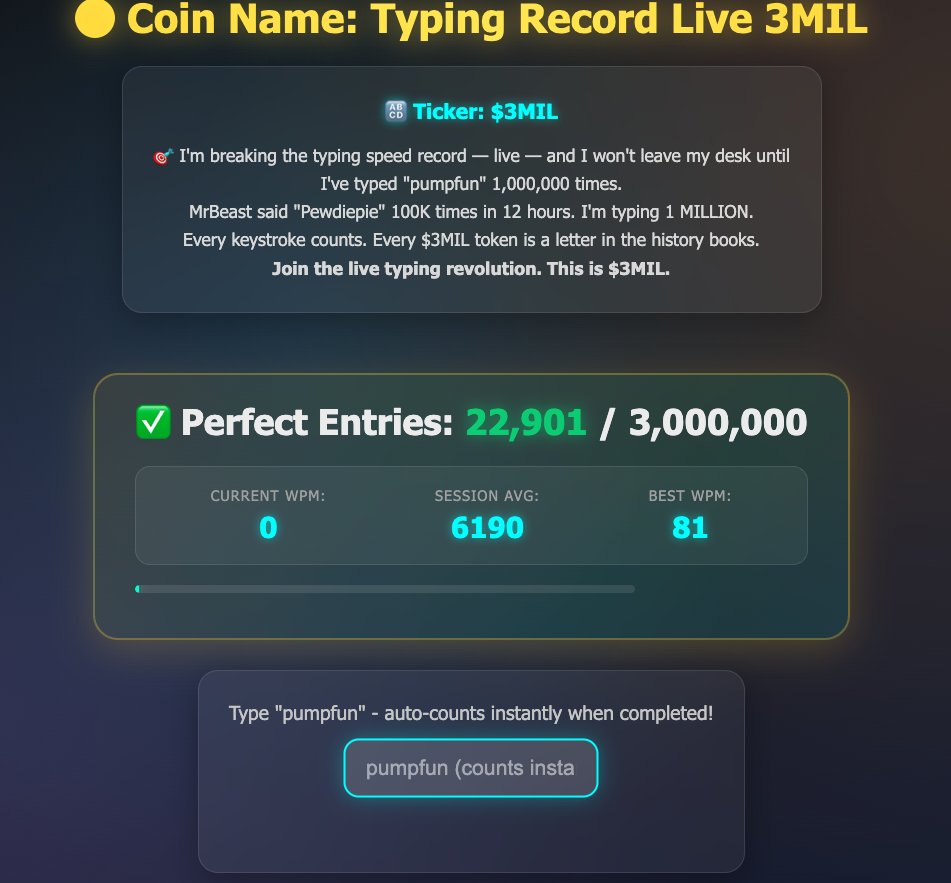CryptoFlin95216's tweet photo. We just sent $3MIL tokens straight to the creator of @pumpdotfun 🚀
No pitch. No ask. Just respect for the platform that made this chaos possible.
Typing “pumpfun” 3 million times live — and we’re only getting started.
Let’s make history together.
#Solana #Pumpfun #$3MIL #3mil
https://t.co/lNpebSyQnC