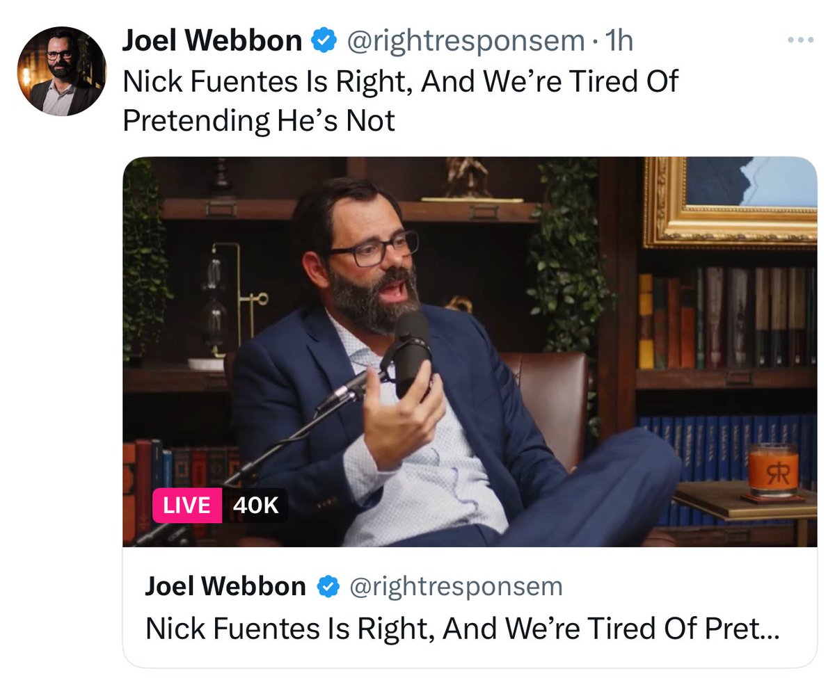 If your pastor is applauding and defending Nick Fuentes, you need to find another church. 

Lemme guess, Joel.. Nick Fuentes is sinning “in the right direction” just like Andrew Tate?