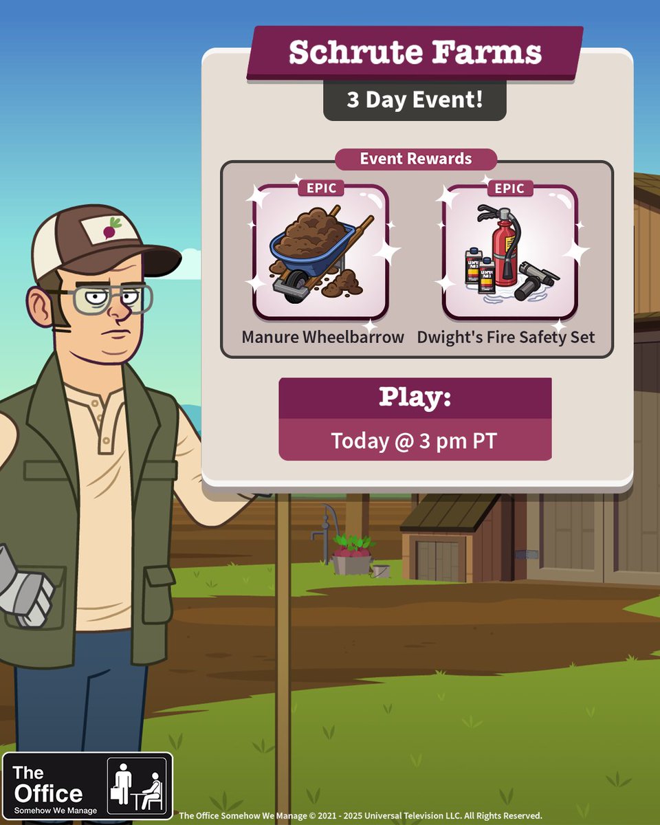 The Schrute Farms Event is live NOW! Dwight's work from home program is so simple, it only has one home... his! 🧑‍🌾

Play for a chance to win two NEW in-game rewards: the MANURE WHEELBARROW decor and the DWIGHT’S FIRE SAFETY SET decor!