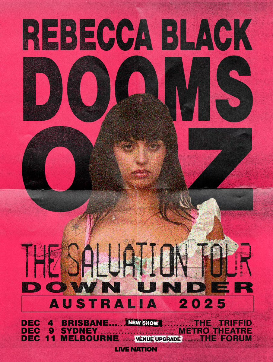 MsRebeccaBlack's tweet image. AUSTRALIA! due to overwhelming demand im upgrading my melbourne show and adding a date in brisbane ✧˖°
tickets for melbourne onsale + brisbane presale both start weds @ 9am aest - sign up for the presale here linktr.ee/rebecca.black