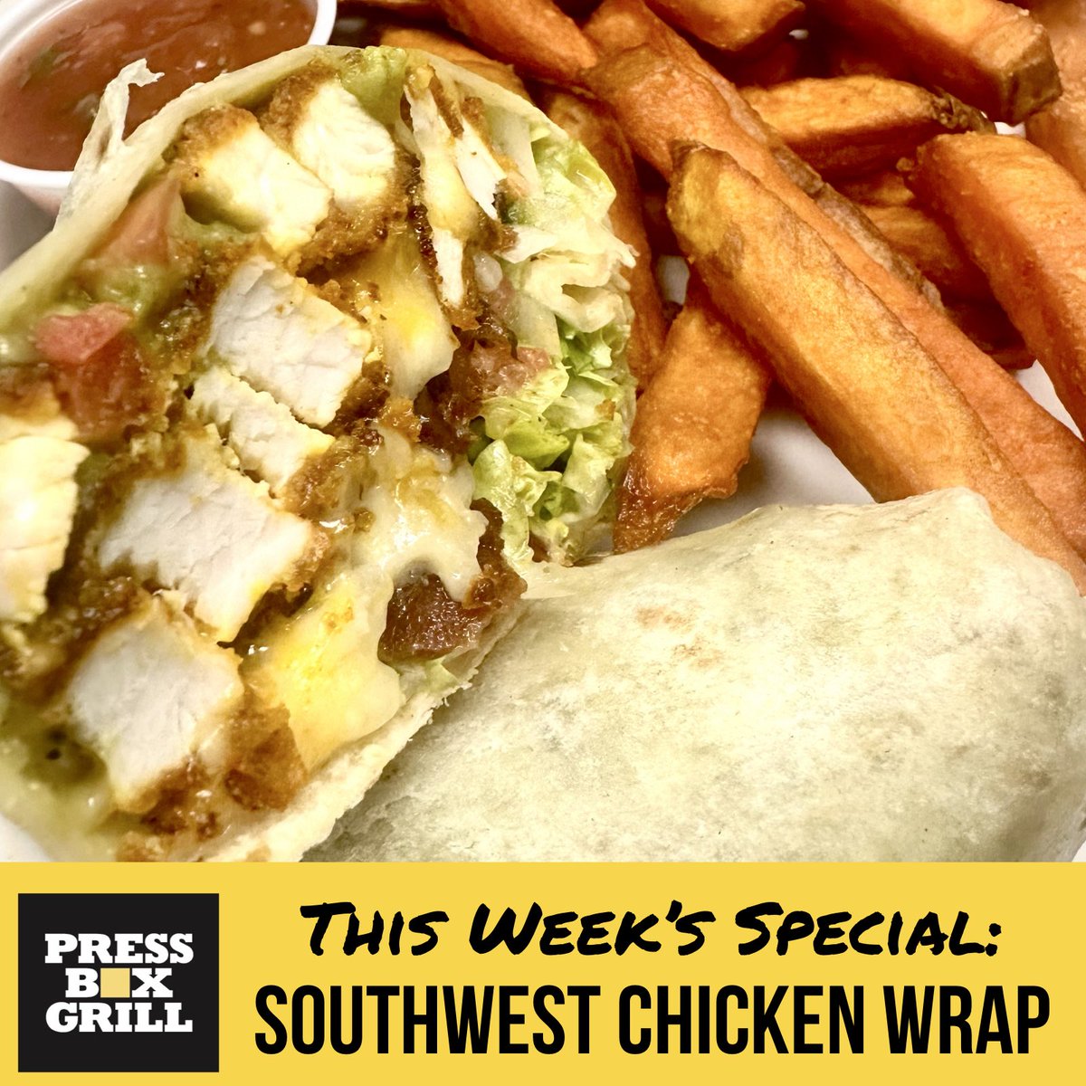 pressboxgrill's tweet image. This week’s special is the Southwest Chicken Wrap! 🐓🌯 Spicy breaded chicken, shredded cheese, guacamole, and bacon bits wrapped in a flour tortilla. Served with a side of salsa and sweet potato fries.
#dallaseats #dallasrestaurants  #dallasfood #downtowndallas #dallas #dallastx