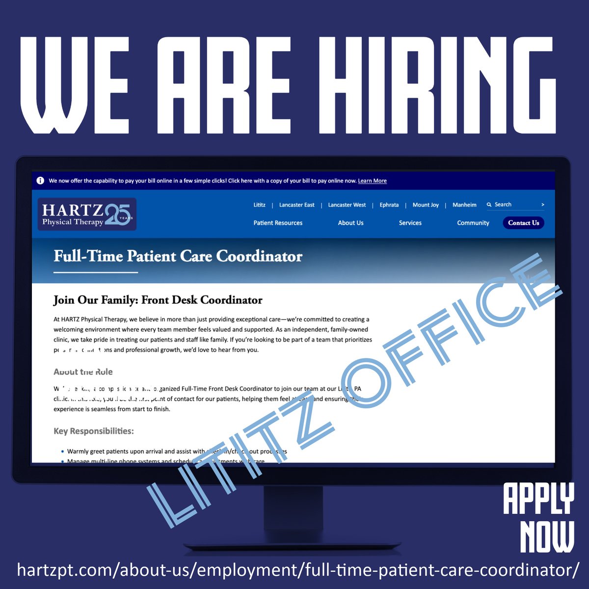 We’re hiring a Patient Care Coordinator in Lititz! 
Be the warm welcome at the front desk of HARTZ PT 💙
Full-time | Great hours | Supportive team
Apply now 👉 hartzpt.com/about-us/emplo…

#NowHiring #PCC #HARTZPT #FrontDeskJobs #HealthcareJobs