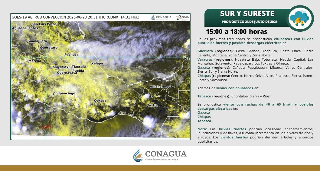 salomonj's tweet photo. ⚠️ACTUALIZACIÓN DE INFORMACIÓN ⚠️

De acuerdo con la @conagua_clima, en las próximas horas se pronostican chubascos con lluvias puntuales fuertes y posibles descargas eléctricas en la Sierra de Flores Magón, Cuenca, Mixteca, Valles Centrales, Sierra Sur y Sierra Juárez. 

Además, se podría presentar viento con rachas de hasta 60 km/h en la entidad. 

Les recomiendo mantenerse en sitios seguros y seguir informados a través de canales oficiales.