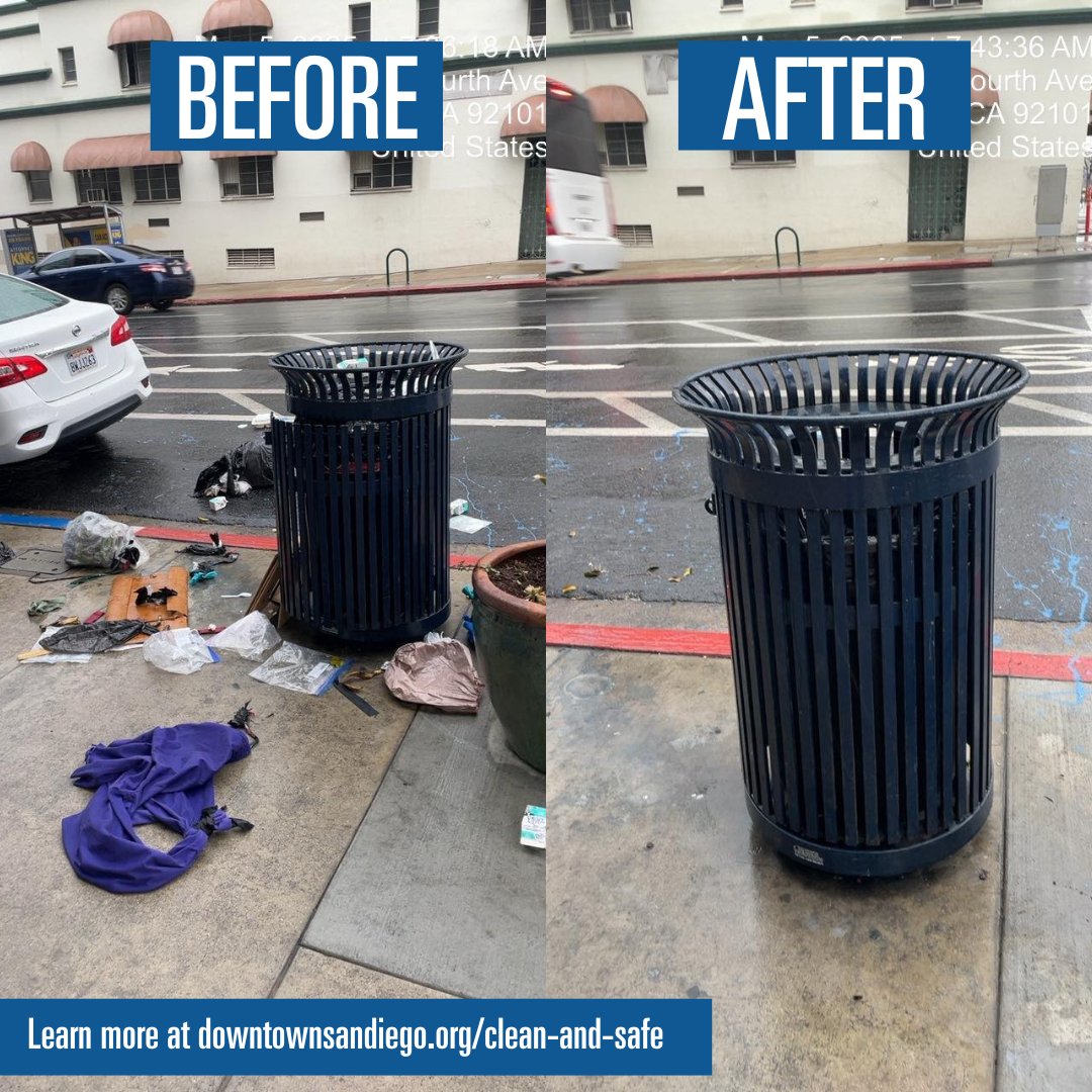 SDPartnership's tweet image. A big shoutout to our amazing Clean & Safe team for their tireless efforts in keeping our sidewalks free from trash or debris left behind. These are just one of the 359 times our team was called to clear litter from the streets last month alone. 👏✨